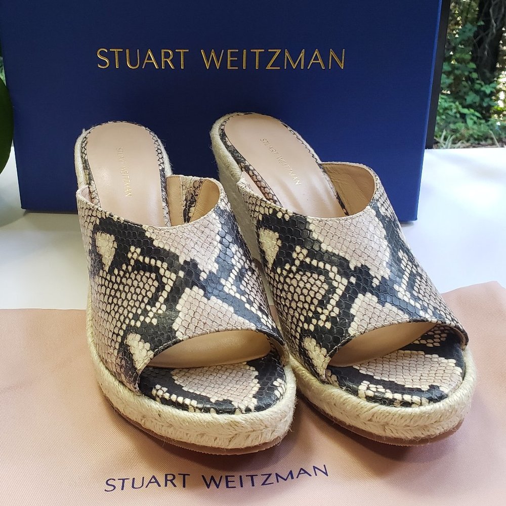 STUART WEITZMAN Wonda Espadrille Wedge Mules in Snake Print Leather Size 9.5 NIB